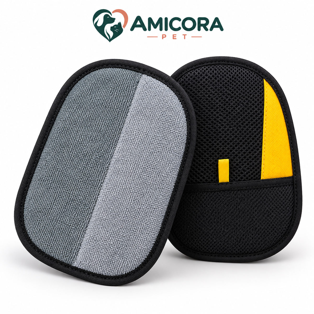 Guanto levapeli AMICORA PET 2-in-1 con superficie grigia in microfibra e dorso nero con fascia gialla
