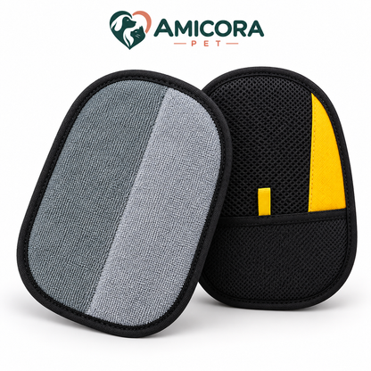 Guanto levapeli AMICORA PET 2-in-1 con superficie grigia in microfibra e dorso nero con fascia gialla