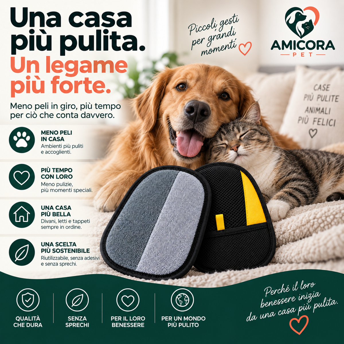 AMICORA PET | Guanto Levapeli 2-in-1 per Manto e Tessuti
