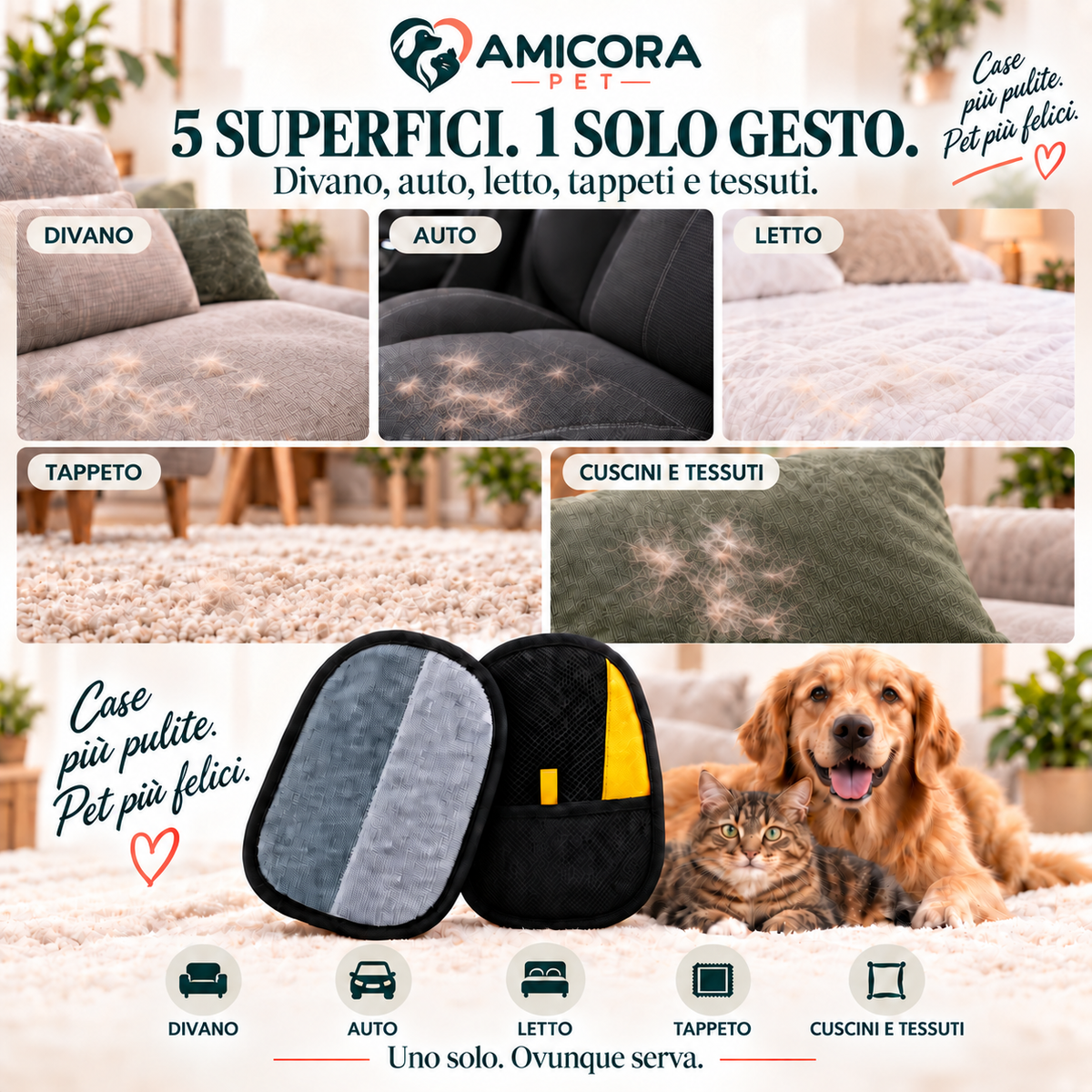 AMICORA PET | Guanto Levapeli 2-in-1 per Manto e Tessuti
